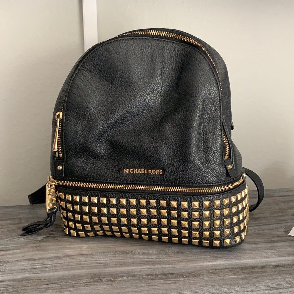 MK Rhea Medium Studded Pebbled Leather Backpack